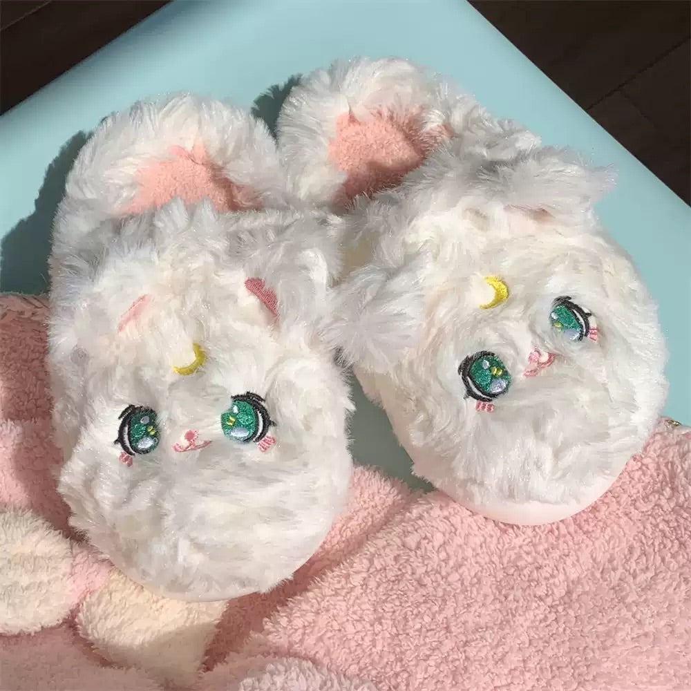 Cute white fluffy cat plush slippers with green eyes and pink nose, fuzzy indoor shoes with EVA sole