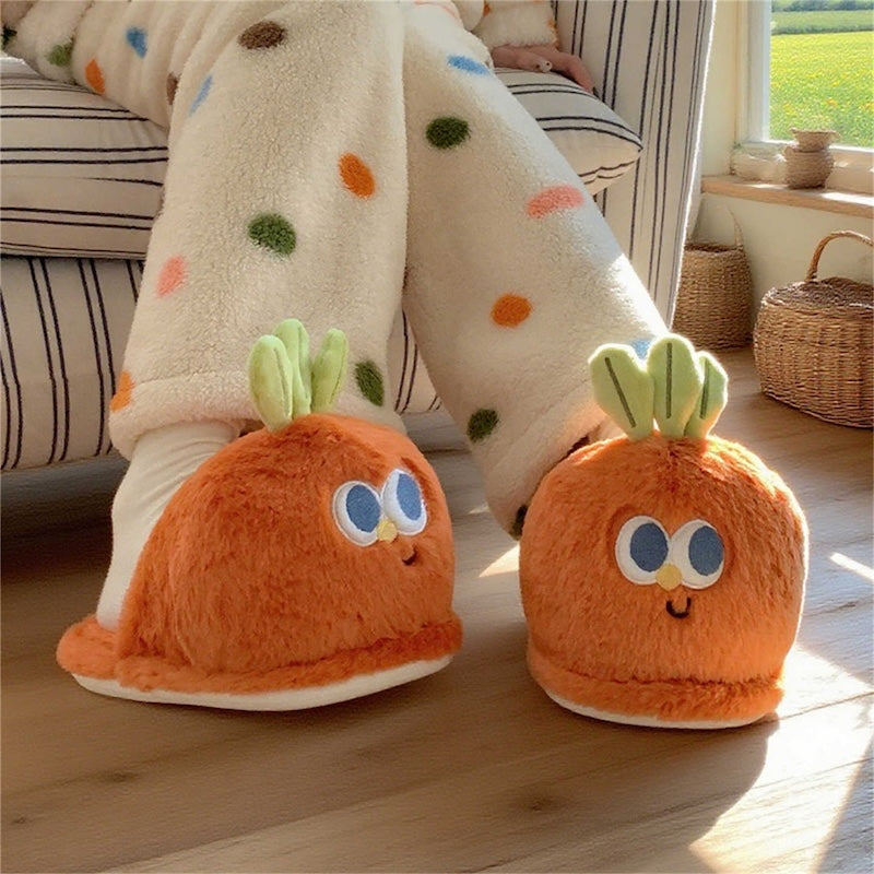 Cute orange carrot plush slippers with green top leaves and big eyes, closed-back fuzzy indoor shoes with PVC sole