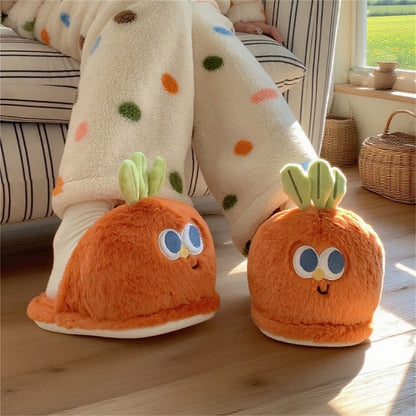 Cute orange carrot plush slippers with green top leaves and big eyes, closed-back fuzzy indoor shoes with PVC sole