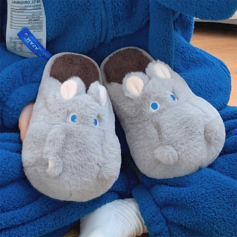 Cute gray hippo plush slippers with blue eyes and round nose, closed-back fuzzy indoor shoes with PVC sole