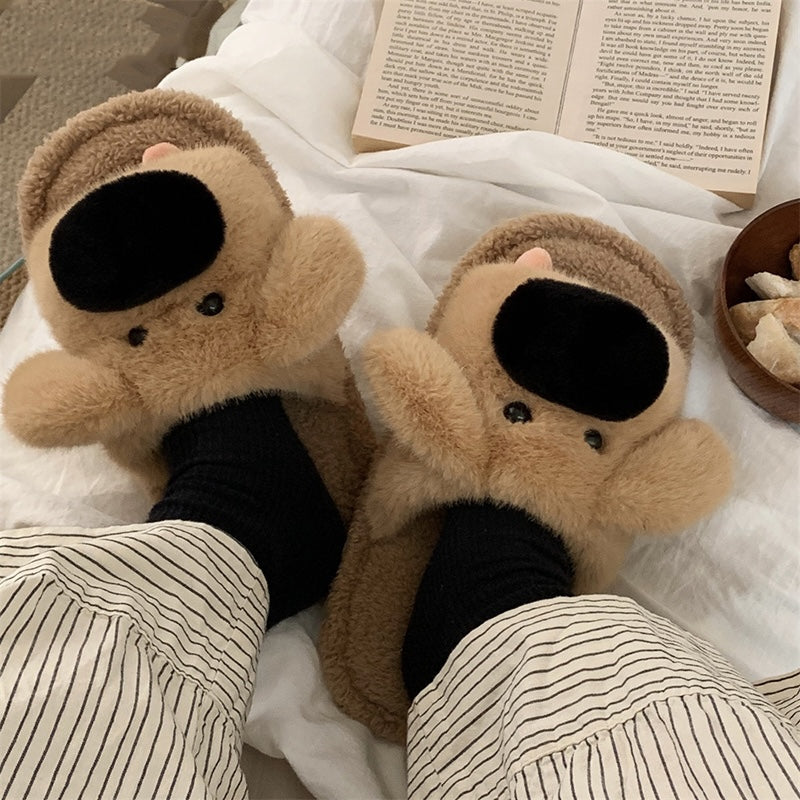 Cute brown big nose dog plush slippers with black nose, open mouth, and pink tongue, warm indoor shoes with PVC sole