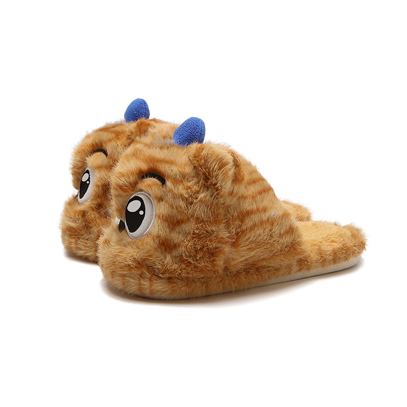 Cute orange striped tiger plush slippers with blue ears and big eyes, closed-back fuzzy indoor shoes with PVC sole