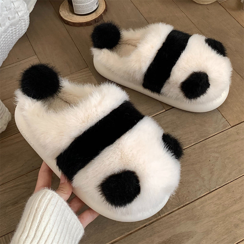 Cute black and white panda block plush slippers with pom-pom nose and tail, fuzzy indoor shoes with EVA sole