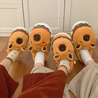 Cute burger capybara plush slippers with layered lettuce and meat design, fuzzy indoor shoes with EVA sole