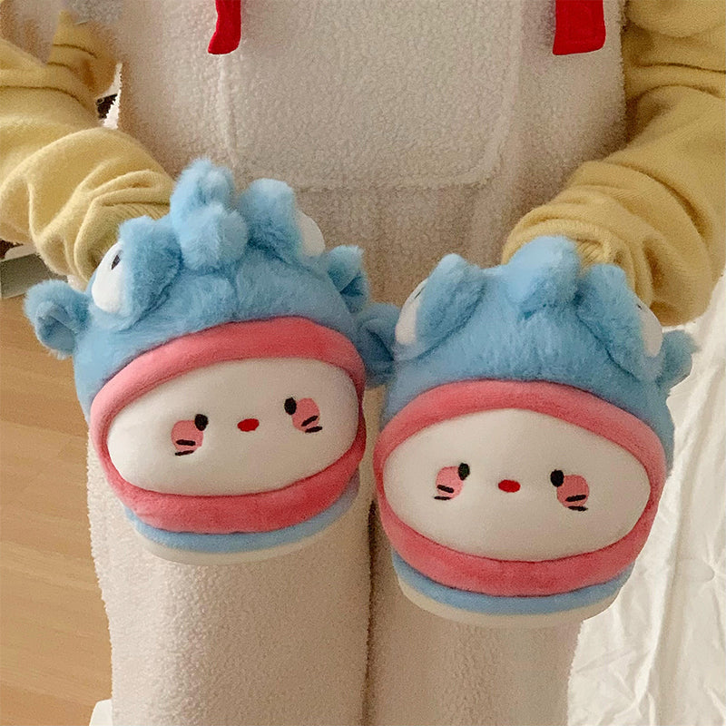 Cute blue fish and cat plush slippers with big fish eyes and pink trim, fuzzy indoor shoes with PVC sole