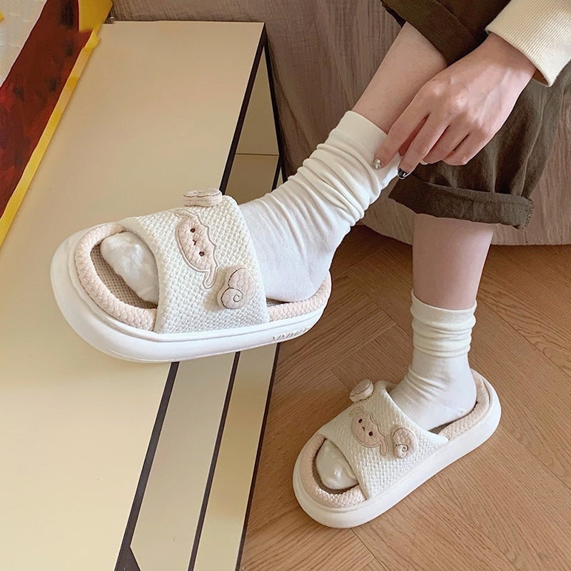 Cute cream sheep linen slippers with 3D sheep face and ears, breathable fabric indoor shoes with EVA sole