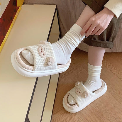 Cute cream sheep linen slippers with 3D sheep face and ears, breathable fabric indoor shoes with EVA sole