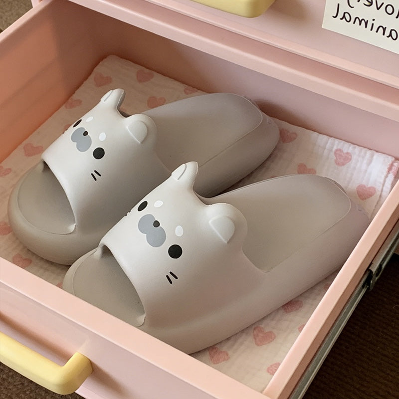 Cute grey seal EVA slide sandals with 3D ears and engraved face, lightweight all-EVA indoor shoes