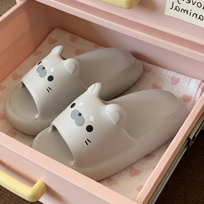 Cute grey seal EVA slide sandals with 3D ears and engraved face, lightweight all-EVA indoor shoes