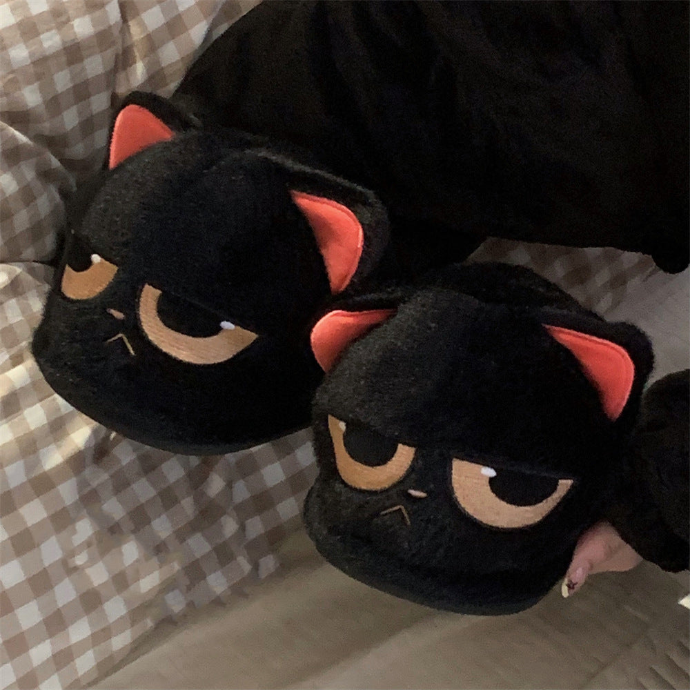 Autumn/Winter Cute Cartoon Closed-back Black Cat Slippers
