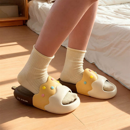 Cute brown ice cream EVA slide sandals with colorful sprinkles and melted design, lightweight indoor slip-on shoes