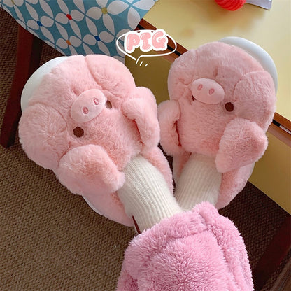 Cute pink closed-back pig plush slippers with floppy ears and 3D snout, fuzzy indoor shoes with EVA sole