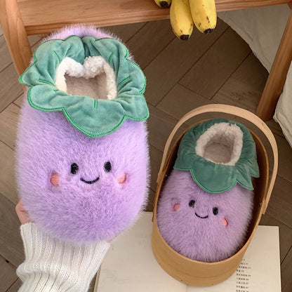 Cute purple eggplant plush slippers with ruffled green top and smiley face, fuzzy indoor shoes with EVA sole
