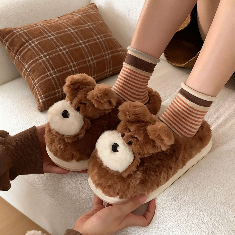 Cute light brown dog plush slippers with white round muzzle and short ears, indoor shoes with EVA sole