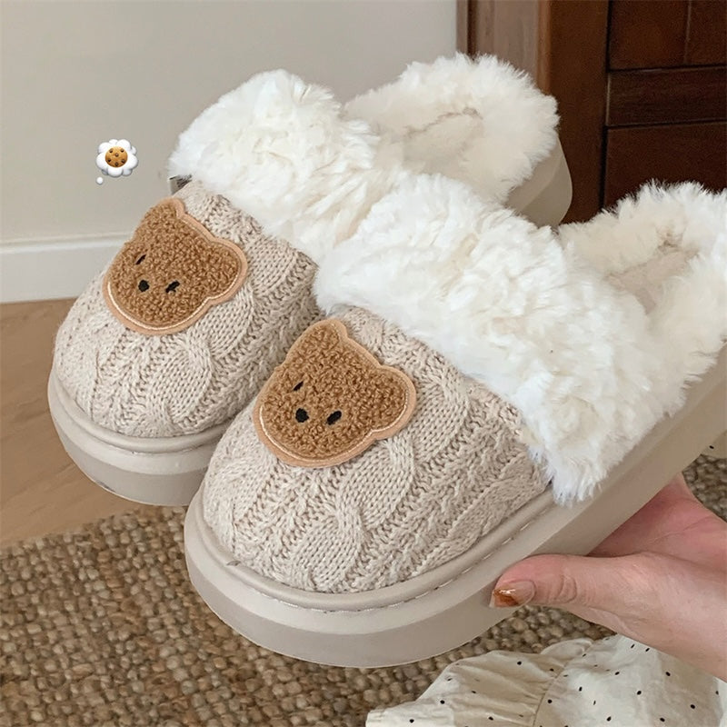 Cute khaki knit bear slippers with fuzzy trim and brown bear patch, warm knit fabric indoor shoes with EVA sole