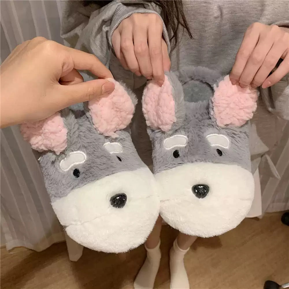 Cute grey and white dog plush slippers with large floppy ears and pink inner lining, fuzzy indoor shoes with TPR sole