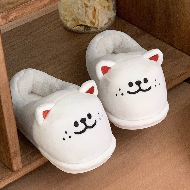 Cute white Shiba Inu dog face bootie slippers with 3D ears and embroidered face, fuzzy indoor shoes with PVC sole