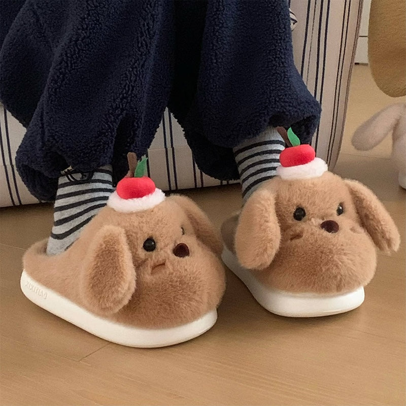 Cute brown dog plush slippers with floppy ears and apple topper, fuzzy indoor shoes with EVA sole