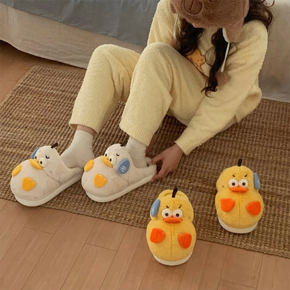 Cute yellow duck plush slippers with orange beak and asymmetrical cheek patches, indoor shoes with EVA sole