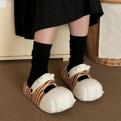 Cute yellow tiger striped cat paw EVA clogs with 3D toes and adjustable strap, lightweight indoor shoes