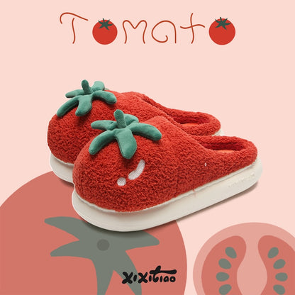 Cute red tomato plush slippers with green leaves and smiley face, fuzzy textured indoor shoes with EVA sole
