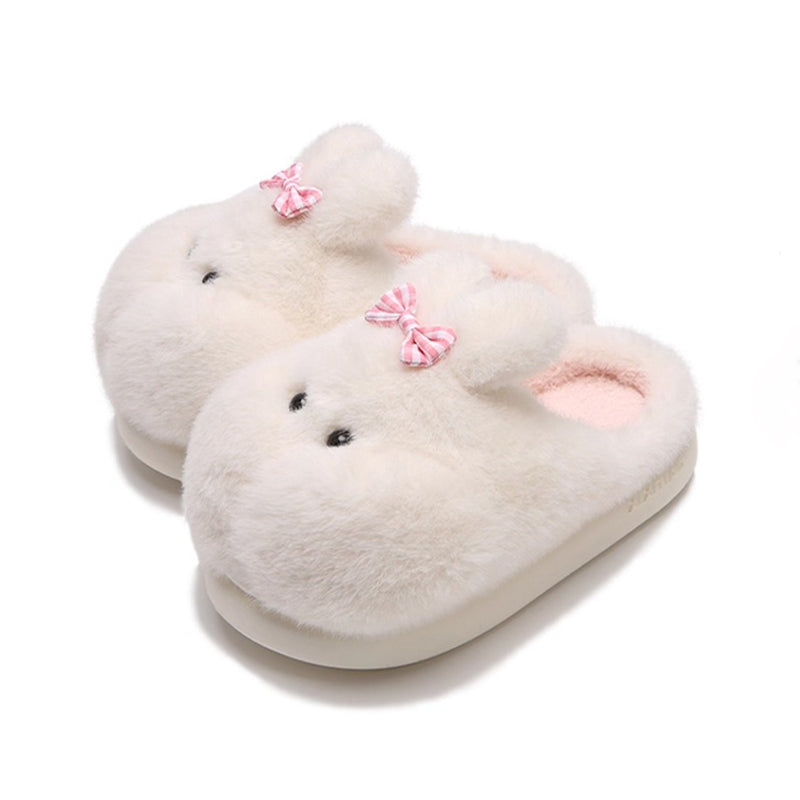 Cute white bunny plush slippers with bow on ear and black dot eyes, closed-back fuzzy indoor shoes with EVA sole
