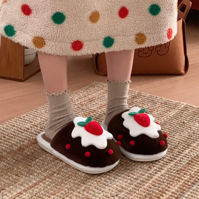 Cute brown strawberry cake design plush slippers with cream topping and red strawberry, indoor shoes with PVC sole