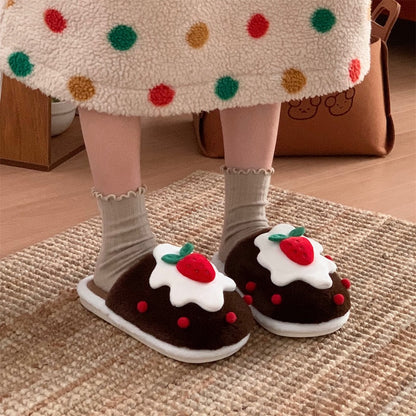 Cute brown strawberry cake design plush slippers with cream topping and red strawberry, indoor shoes with PVC sole