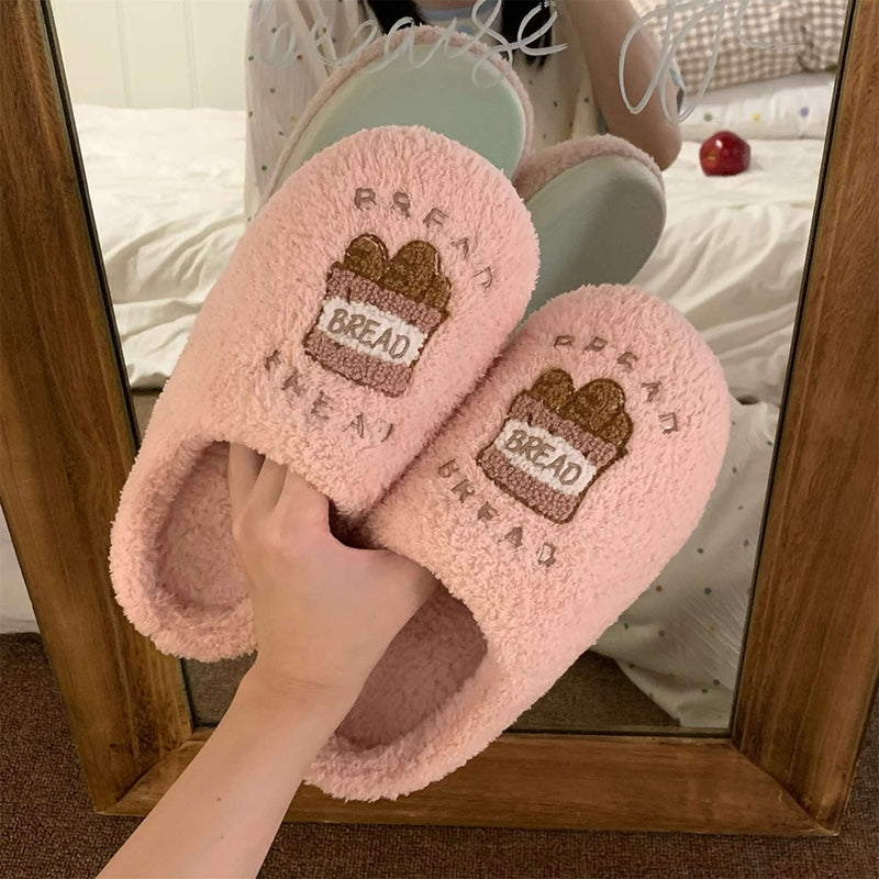 Cute pink plush slippers with embroidered baguette patch, fuzzy indoor shoes with EVA sole