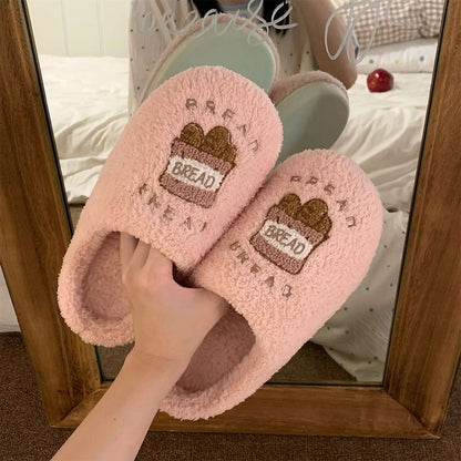 Cute pink plush slippers with embroidered baguette patch, fuzzy indoor shoes with EVA sole