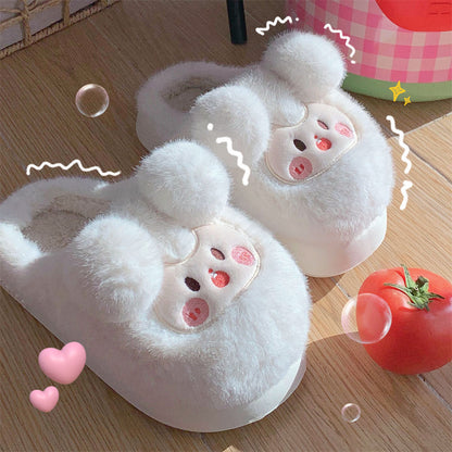 Cute beige sheep plush slippers with round fluffy ears and embroidered face patch, fuzzy indoor shoes with EVA sole