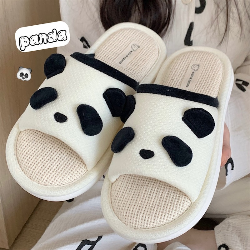 Cute white panda face linen slippers with black ears and eyes, breathable fabric indoor shoes with PVC sole