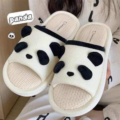 Cute white panda face linen slippers with black ears and eyes, breathable fabric indoor shoes with PVC sole