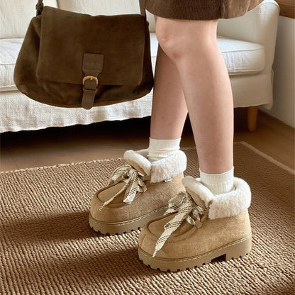 Cute khaki faux suede bootie slippers with fuzzy trim and chunky rubber sole, lace-up warm indoor shoes