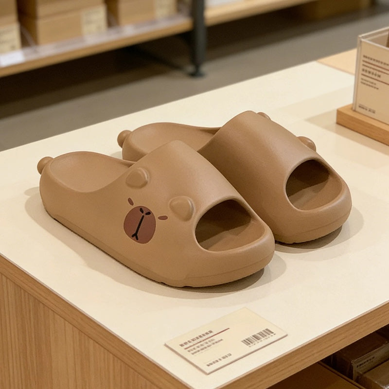 Cute brown capybara EVA slide sandals with 3D ears and printed face, lightweight indoor slip-on shoes