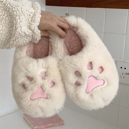 Cute white paw print plush slippers with 3D paw design, fuzzy faux fur indoor shoes with PVC sole