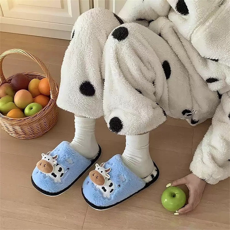 Cute sky blue cow print plush slippers with cow spot footbed and cartoon patch, indoor shoes with PVC sole
