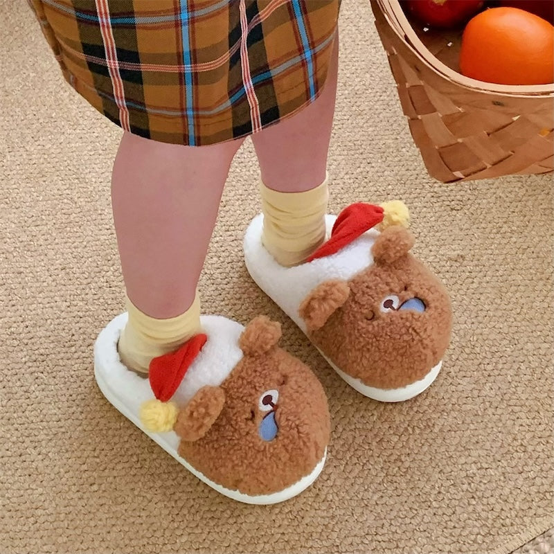 Cute brown and white bear plush slippers with red sleeping hat and pompom, indoor shoes with EVA sole
