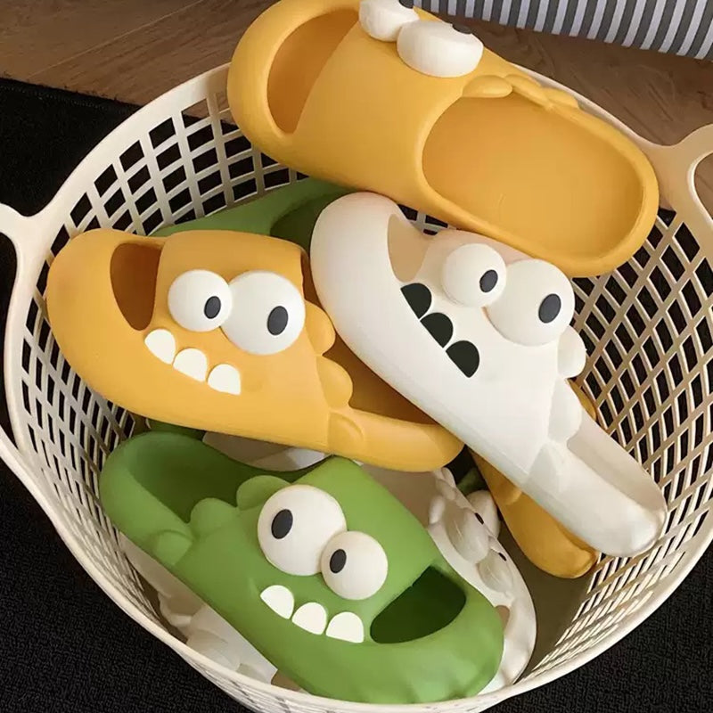 Cute green dinosaur EVA slide sandals with big eyes and teeth, lightweight indoor slip-on shoes