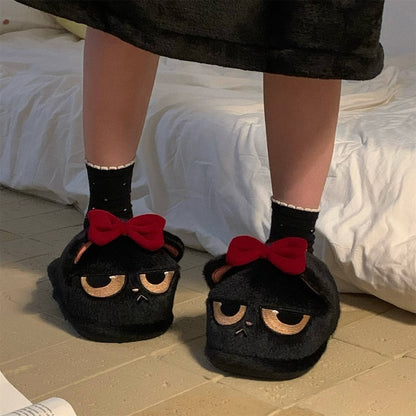 Cute black cat plush slide slippers with removable red bow and sleepy eyes, fuzzy indoor shoes with PVC sole