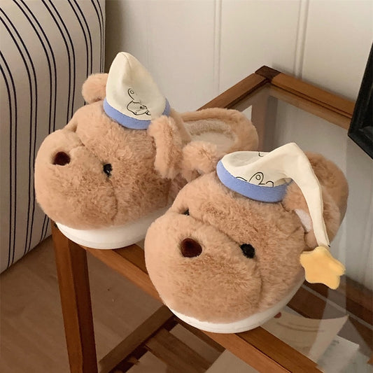 Cute khaki bear plush slippers with blue and white fabric hat and star charm, indoor shoes with EVA sole