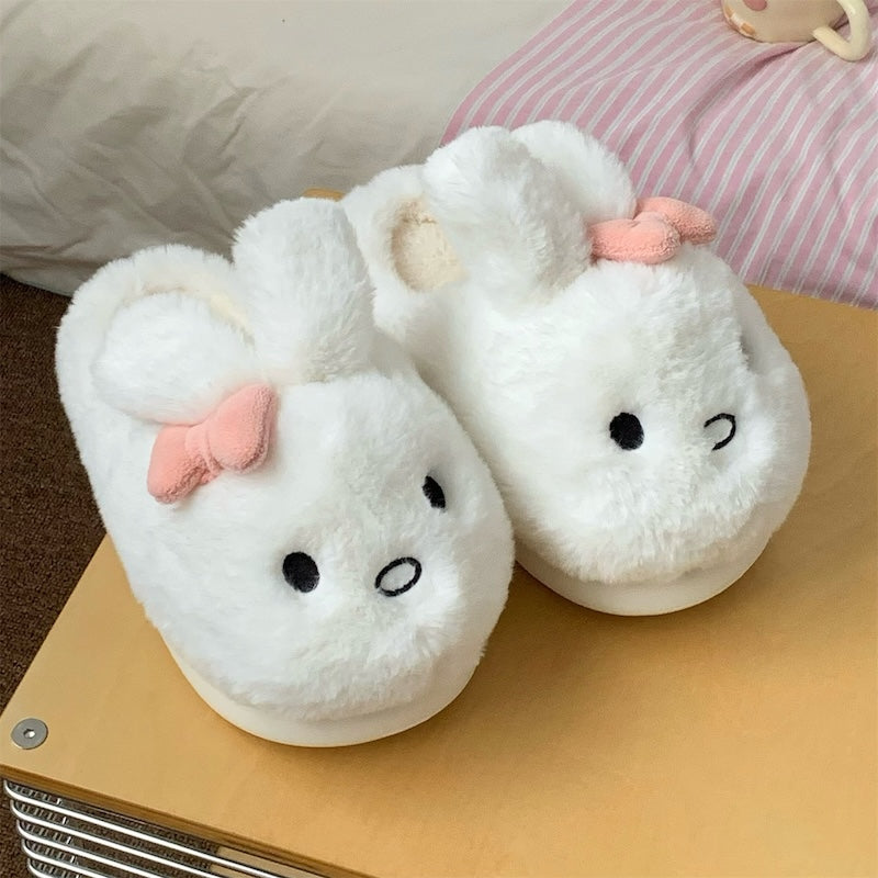Cute white bunny plush slide slippers with pink bow and floppy ears, fuzzy indoor shoes with EVA sole