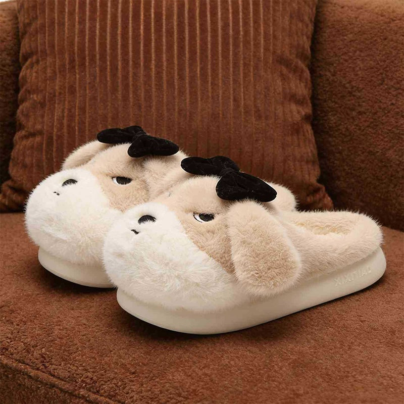 Cute khaki dog plush slippers with floppy ears, closed eyes, and removable black bow, fuzzy indoor shoes with EVA sole
