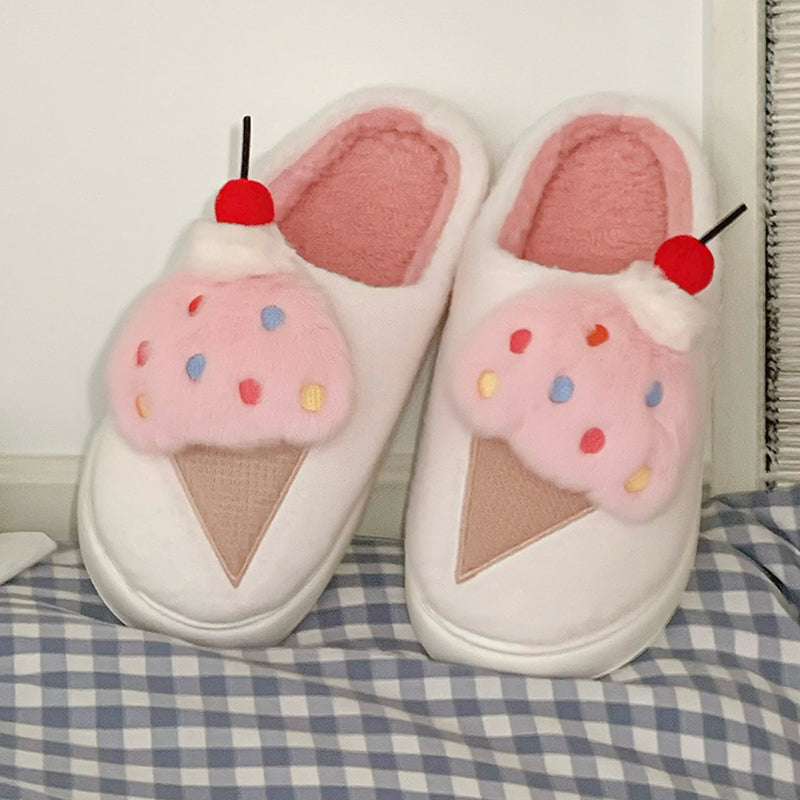 Cute pink cherry ice cream plush slippers with fluffy scoop, colorful sprinkles, and cherry topper, fuzzy indoor shoes with EVA sole
