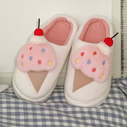 Cute pink cherry ice cream plush slippers with fluffy scoop, colorful sprinkles, and cherry topper, fuzzy indoor shoes with EVA sole