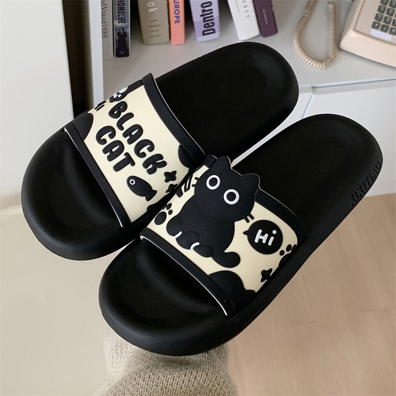 Cute black cat print EVA slide sandals with "Hi" bubble and text, all-EVA slip-on shoes for indoor and outdoor
