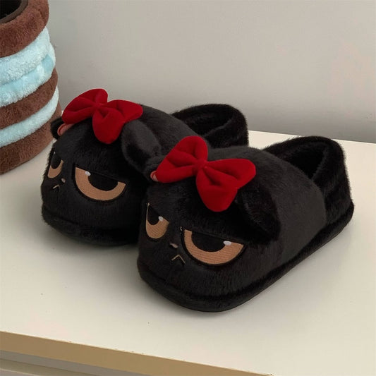 Cute black closed-back cat plush slippers with removable red bow and sleepy eyes, fuzzy indoor shoes with PVC sole