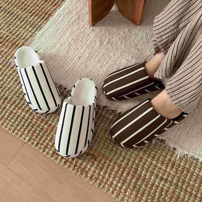 Brown striped linen slippers with woven texture and dark brown lining, indoor shoes with TPR sole