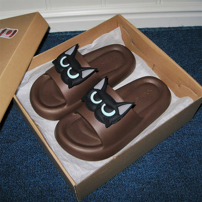 Cute brown EVA cat face slide sandals with 3D blue eyes, summer slippers for indoor and outdoor
