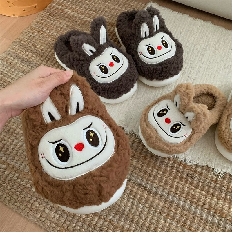 Cute dark brown fuzzy bunny slippers with white face patch and short ears, indoor shoes with EVA sole